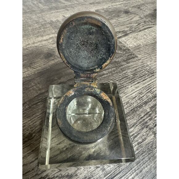 Antique Vintage Crystal Glass Block Ink Well Brass Lid Art Deco Cube Grandpacore - Picture 4 of 13